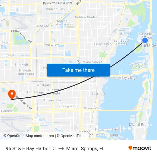 96 St & E Bay Harbor Dr to Miami Springs, FL map