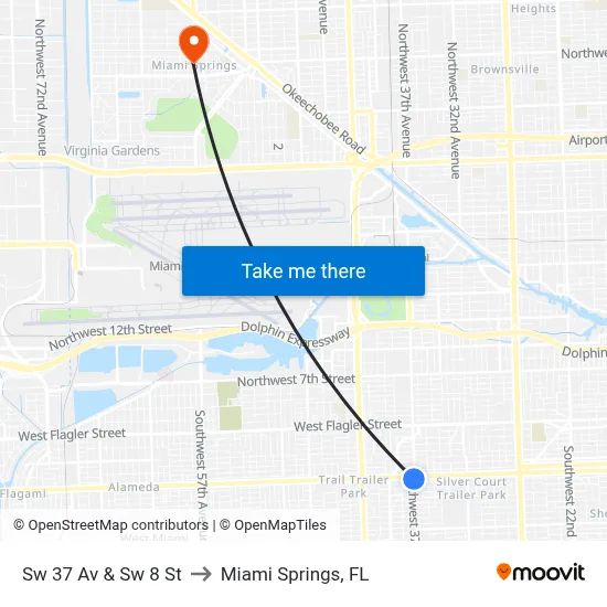 Sw 37 Av & Sw 8 St to Miami Springs, FL map