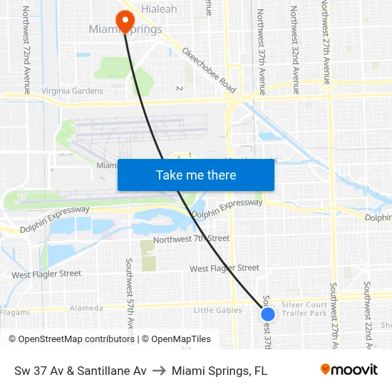 Sw 37 Av & Santillane Av to Miami Springs, FL map