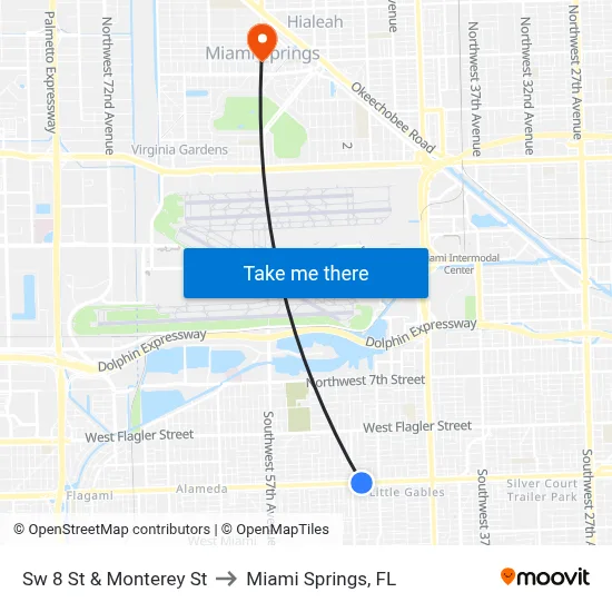 Sw 8 St & Monterey St to Miami Springs, FL map