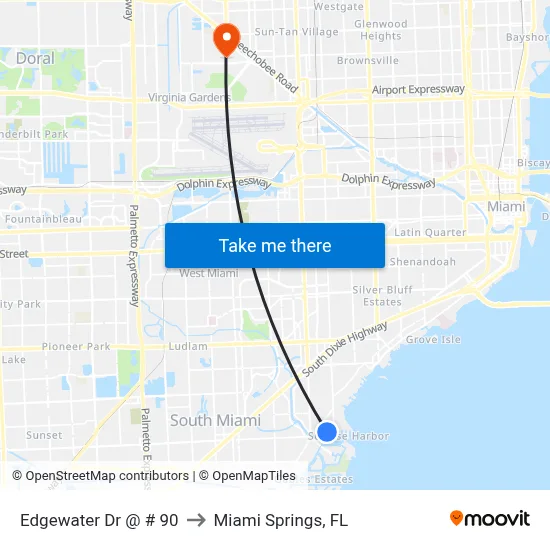 Edgewater Dr @ # 90 to Miami Springs, FL map