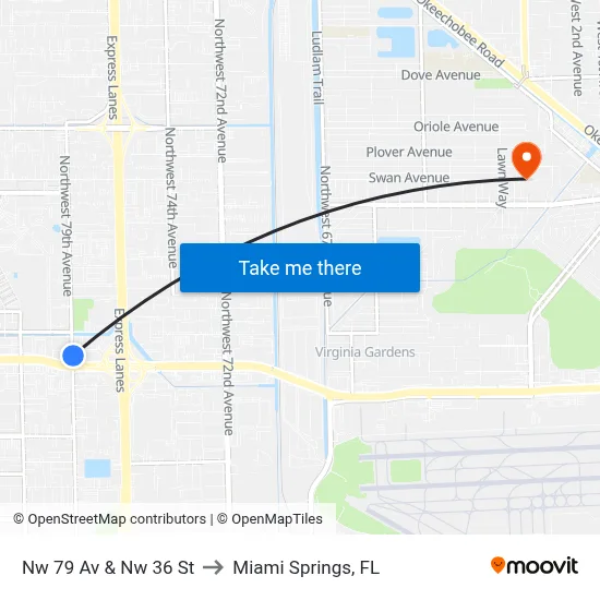 Nw 79 Av & Nw 36 St to Miami Springs, FL map