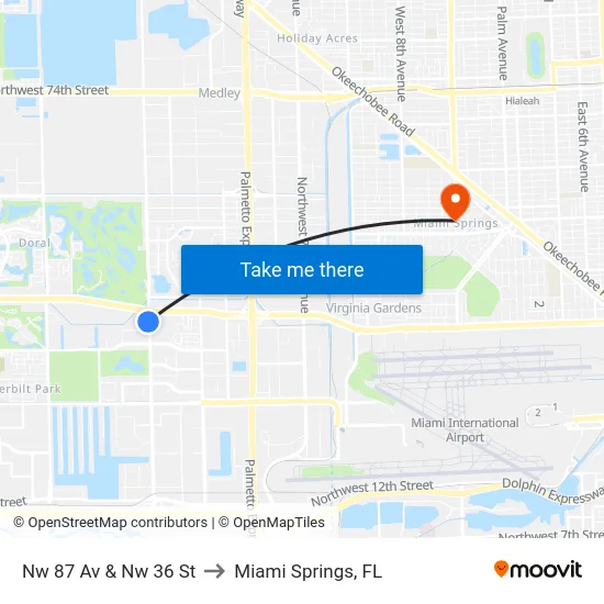 Nw 87 Av & Nw 36 St to Miami Springs, FL map