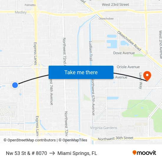 Nw 53 St & # 8070 to Miami Springs, FL map