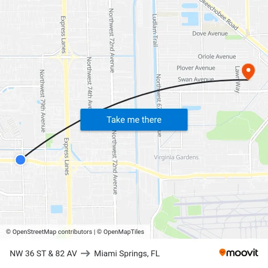 Nw 36 St & 82 Av to Miami Springs, FL map