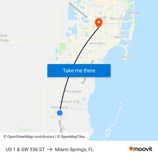Us 1 & Sw 336 St to Miami Springs, FL map