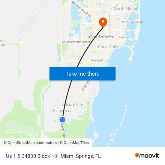 Us 1 & 34800 Block to Miami Springs, FL map