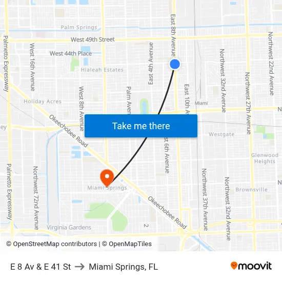 E 8 Av & E 41 St to Miami Springs, FL map
