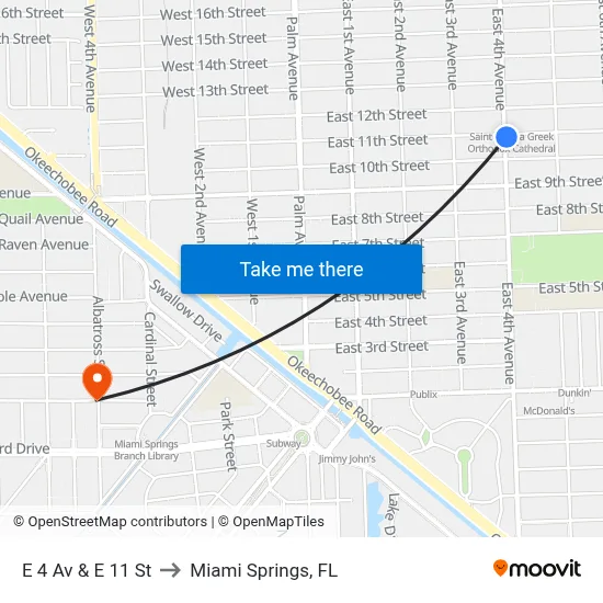 E 4 Av & E 11 St to Miami Springs, FL map