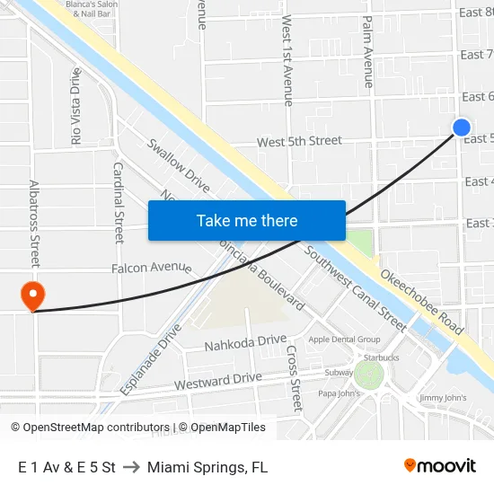 E 1 Av & E 5 St to Miami Springs, FL map