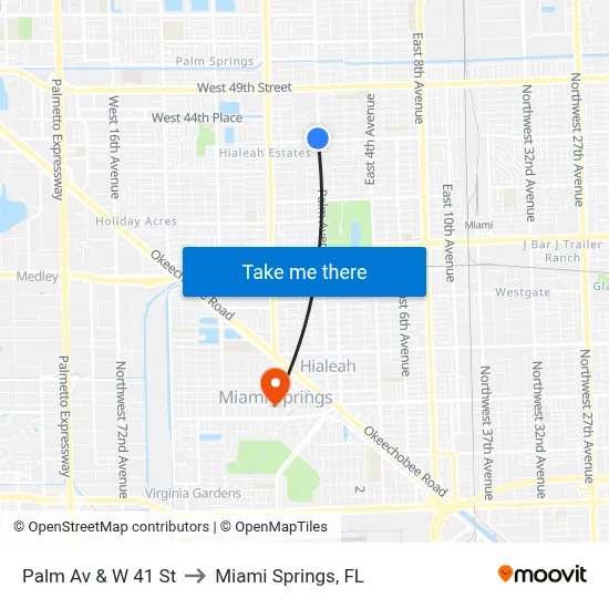 Palm Av & W 41 St to Miami Springs, FL map