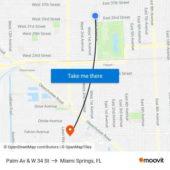 Palm Av & W 34 St to Miami Springs, FL map