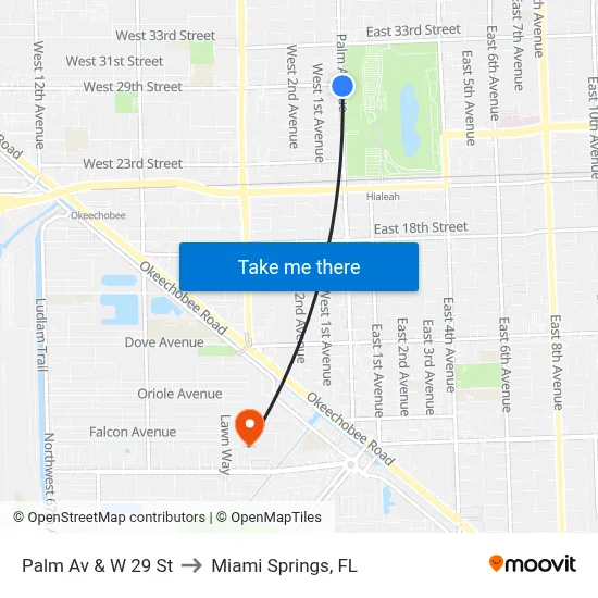 Palm Av & W 29 St to Miami Springs, FL map