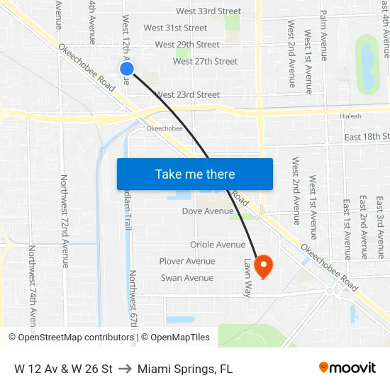 W 12 Av & W 26 St to Miami Springs, FL map