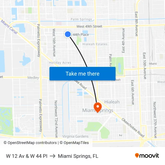 W 12 Av & W 44 Pl to Miami Springs, FL map