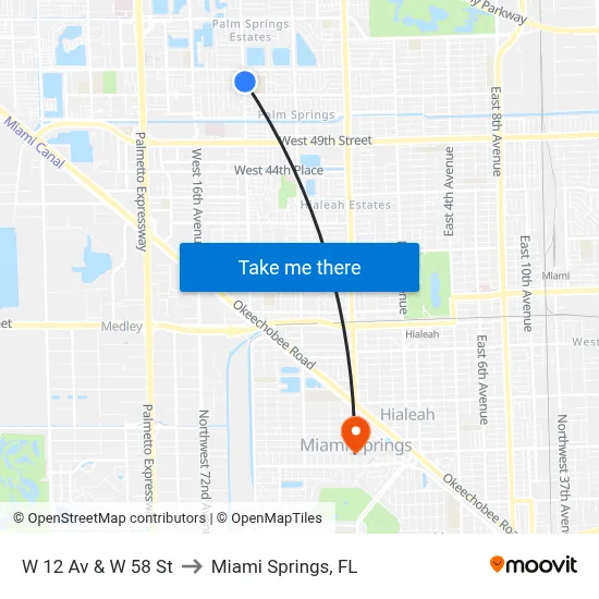 W 12 Av & W 58 St to Miami Springs, FL map