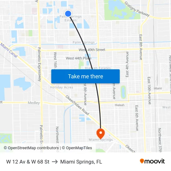W 12 Av & W 68 St to Miami Springs, FL map