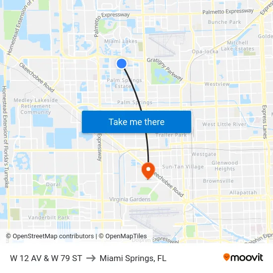 W 12 Av & W 79 St to Miami Springs, FL map