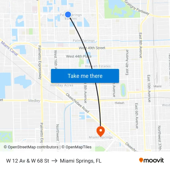 W 12 Av & W 68 St to Miami Springs, FL map