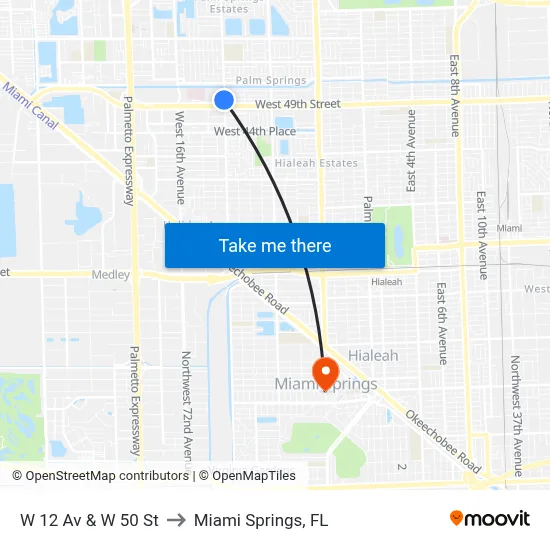 W 12 Av & W 50 St to Miami Springs, FL map