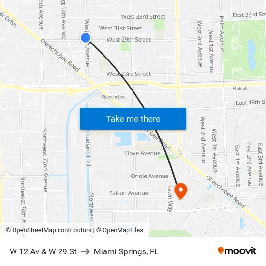 W 12 Av & W 29 St to Miami Springs, FL map