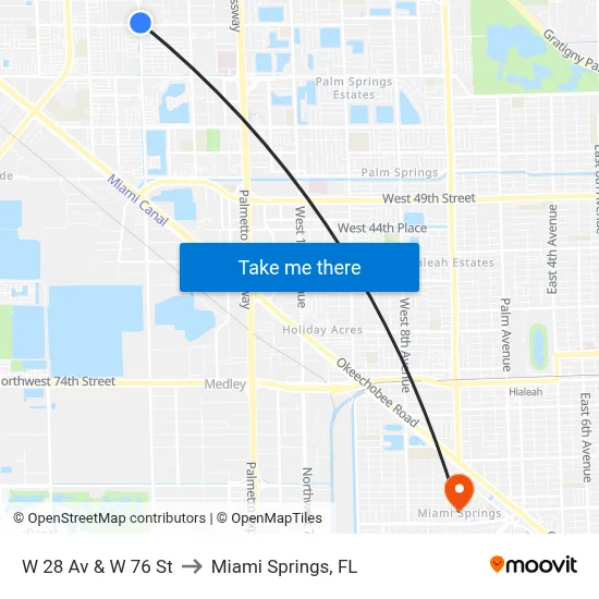 W 28 Av & W 76 St to Miami Springs, FL map