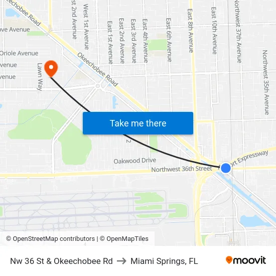 Nw 36 St & Okeechobee Rd to Miami Springs, FL map
