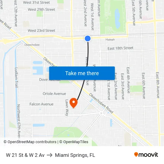 W 21 St & W 2 Av to Miami Springs, FL map