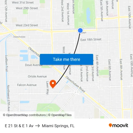 E 21 St & E 1 Av to Miami Springs, FL map