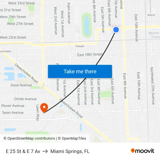 E 25 St & E 7 Av to Miami Springs, FL map