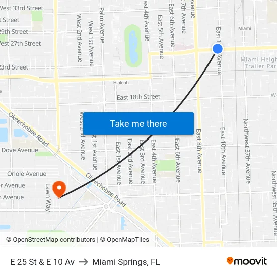 E 25 St & E 10 Av to Miami Springs, FL map
