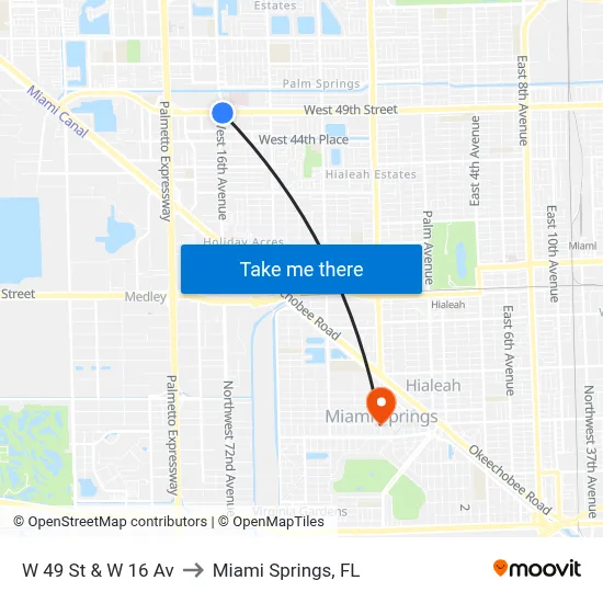 W 49 St & W 16 Av to Miami Springs, FL map