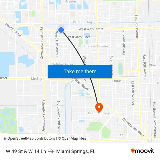 W 49 St & W 14 Ln to Miami Springs, FL map