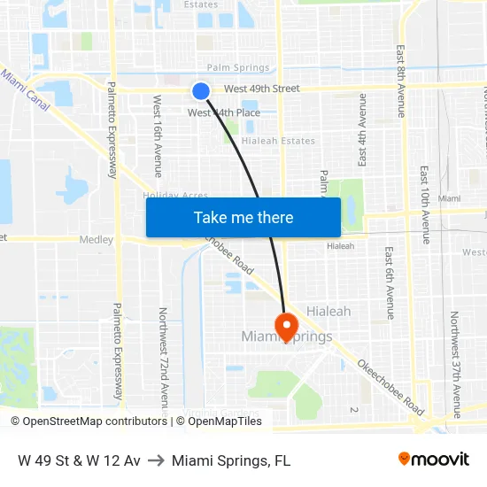 W 49 St & W 12 Av to Miami Springs, FL map