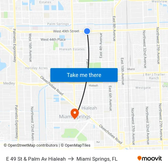 E 49 St & Palm Av Hialeah to Miami Springs, FL map