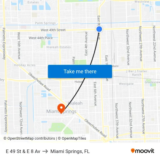E 49 St & E 8 Av to Miami Springs, FL map