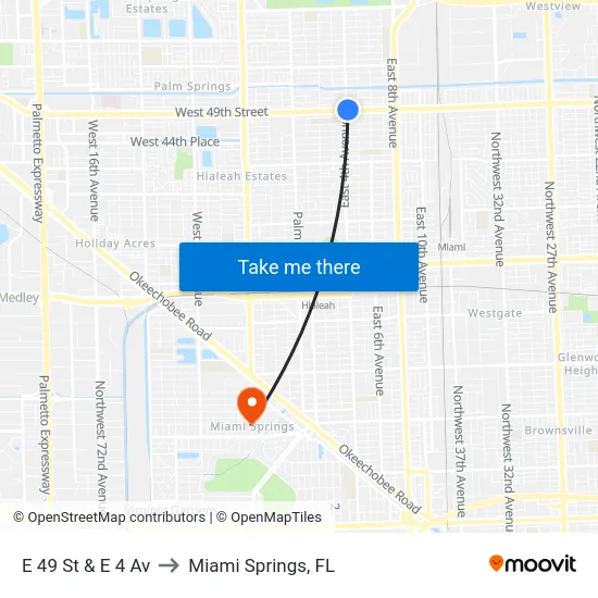 E 49 St & E 4 Av to Miami Springs, FL map