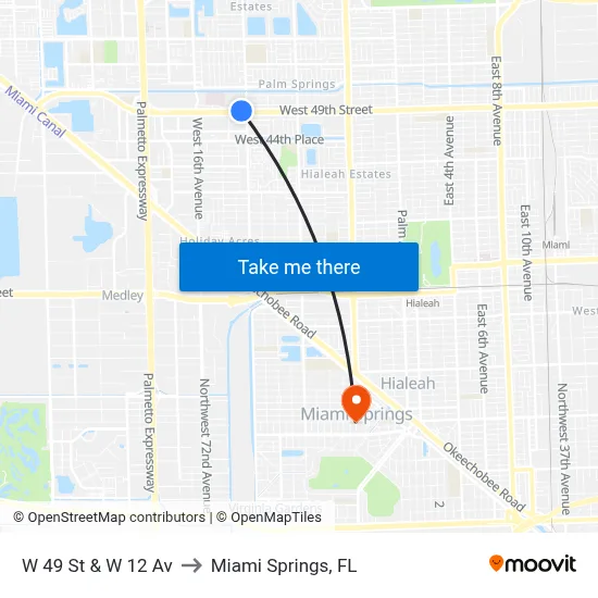 W 49 St & W 12 Av to Miami Springs, FL map