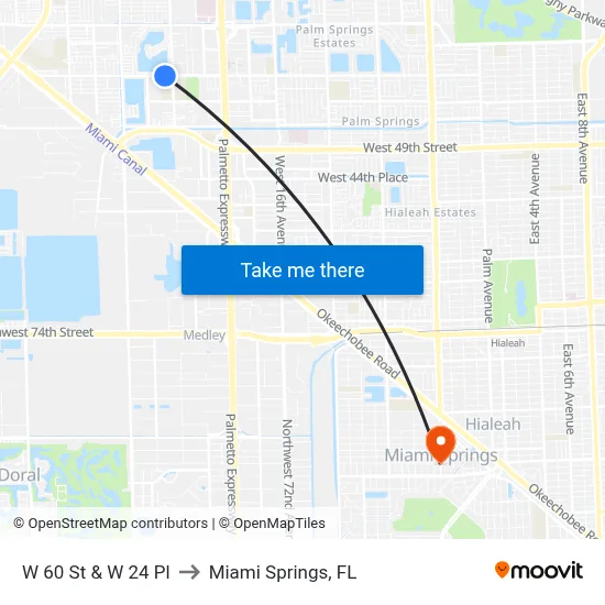 W 60 St & W 24 Pl to Miami Springs, FL map