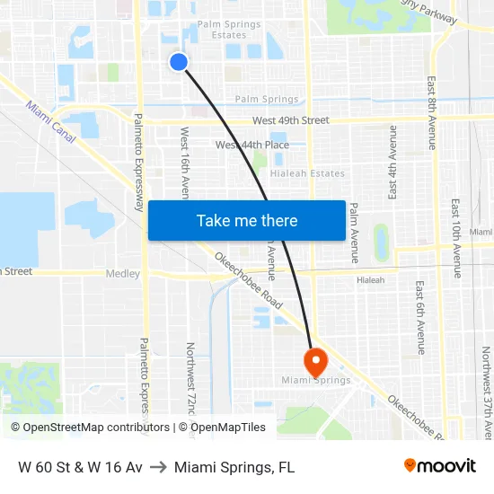 W 60 St & W 16 Av to Miami Springs, FL map