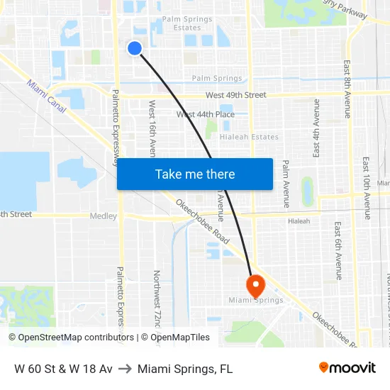 W 60 St & W 18 Av to Miami Springs, FL map