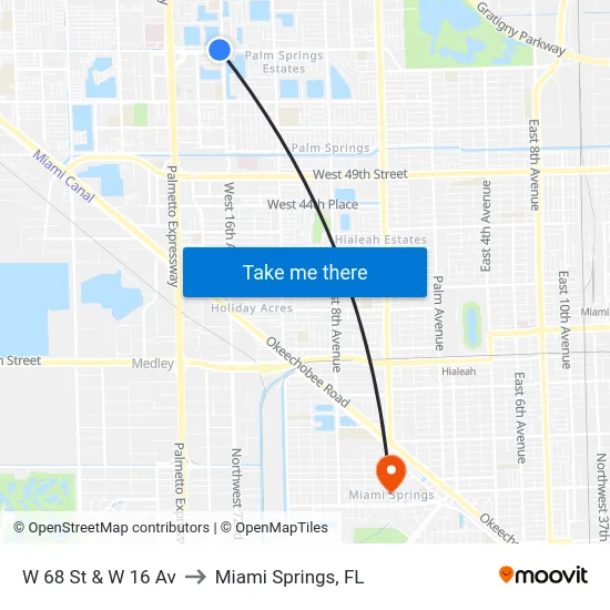 W 68 St & W 16 Av to Miami Springs, FL map