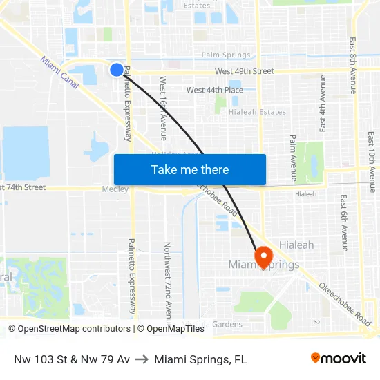 Nw 103 St & Nw 79 Av to Miami Springs, FL map
