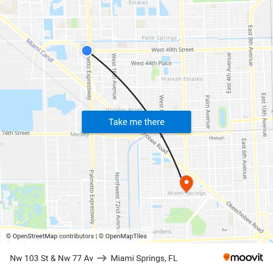Nw 103 St & Nw 77 Av to Miami Springs, FL map