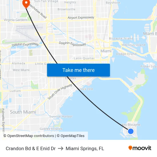 Crandon Bd & E Enid Dr to Miami Springs, FL map
