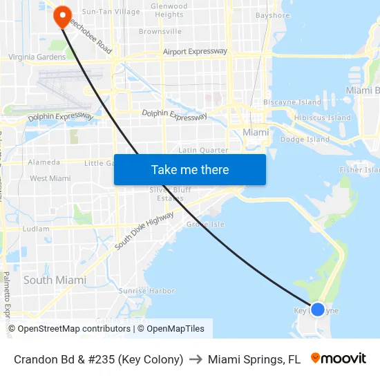 Crandon Bd & #235 (Key Colony) to Miami Springs, FL map