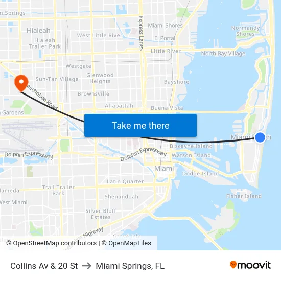 Collins Av & 20 St to Miami Springs, FL map