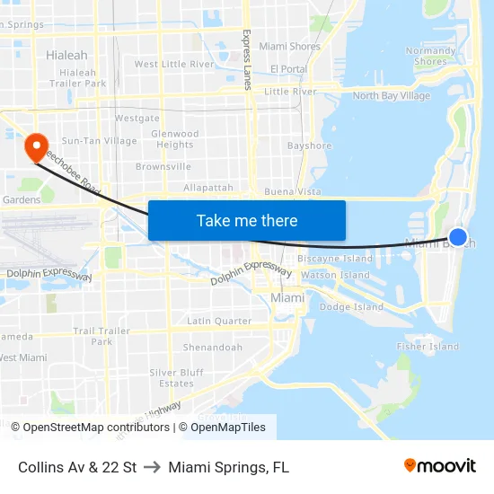 Collins Av & 22 St to Miami Springs, FL map