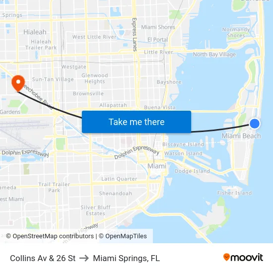 Collins Av & 26 St to Miami Springs, FL map