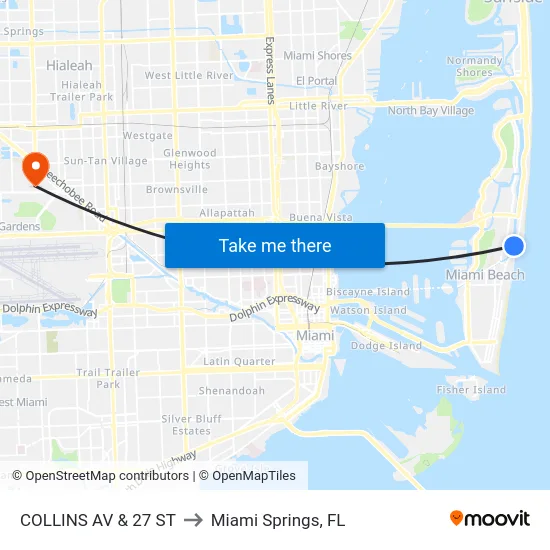 Collins Av & 27 St to Miami Springs, FL map